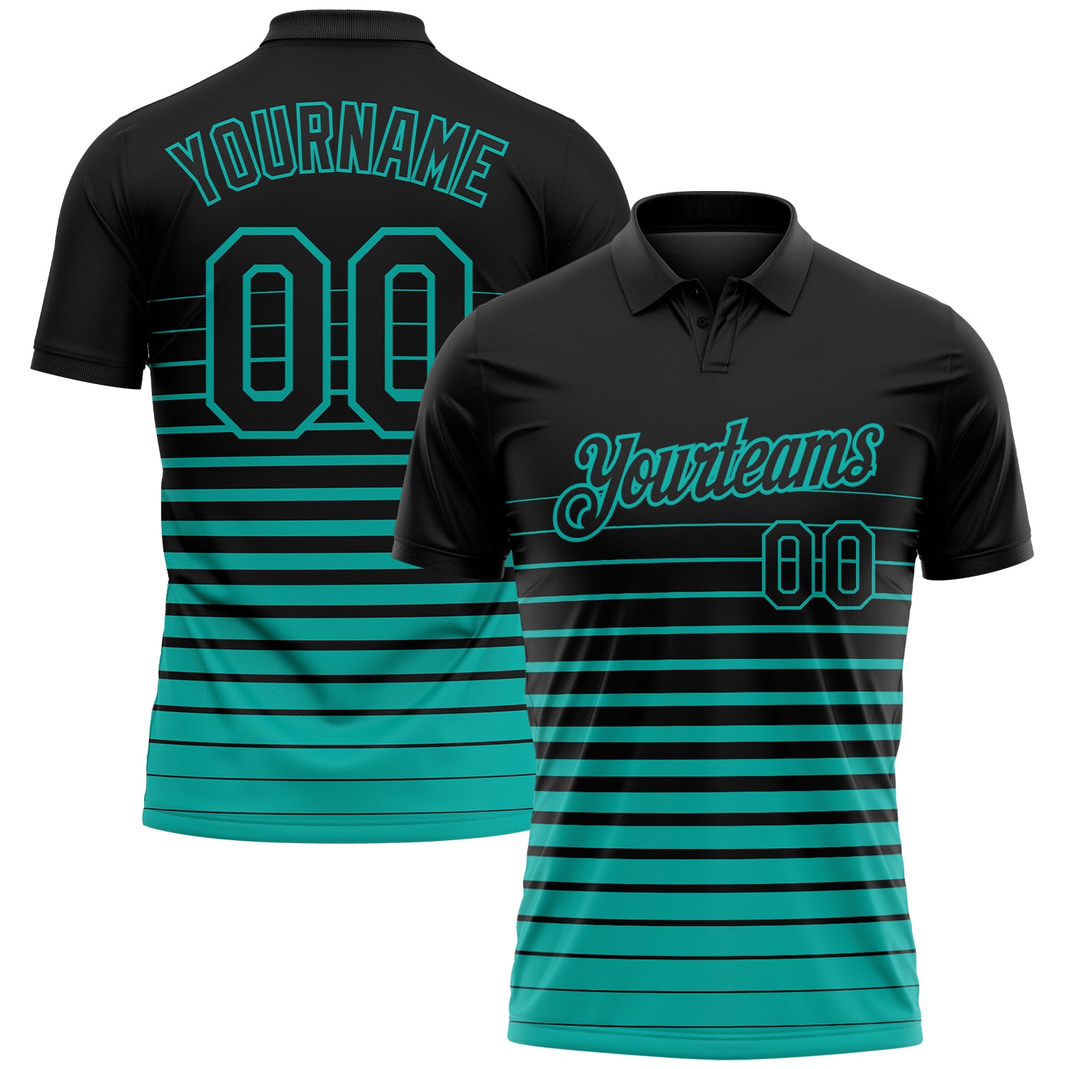 Custom Black-Aqua Horizontal Gradient Stripe Performance Polo Shirt