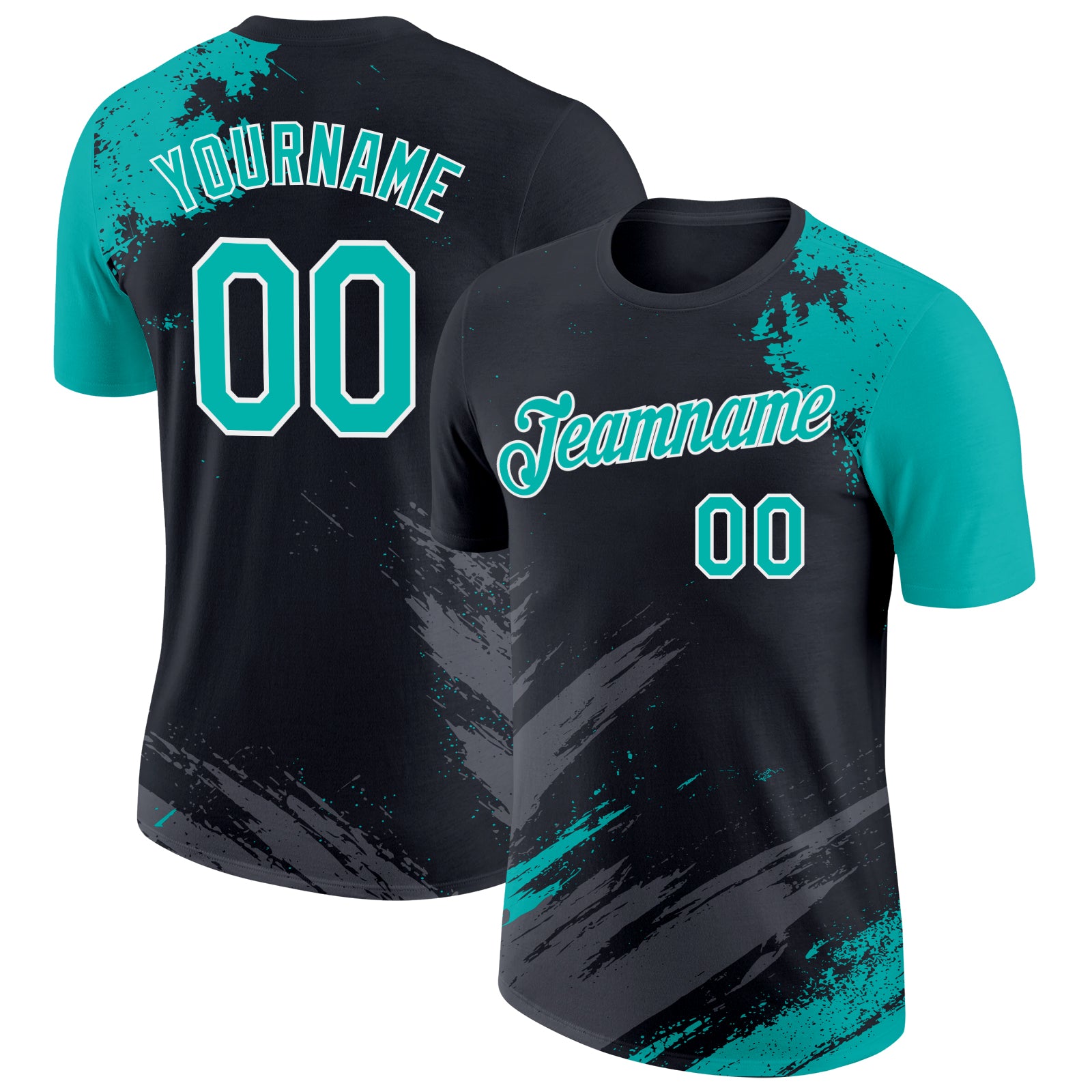 Custom Black Aqua Steel Gray-White Abstract Brush Stroke Splatter Performance T-Shirt