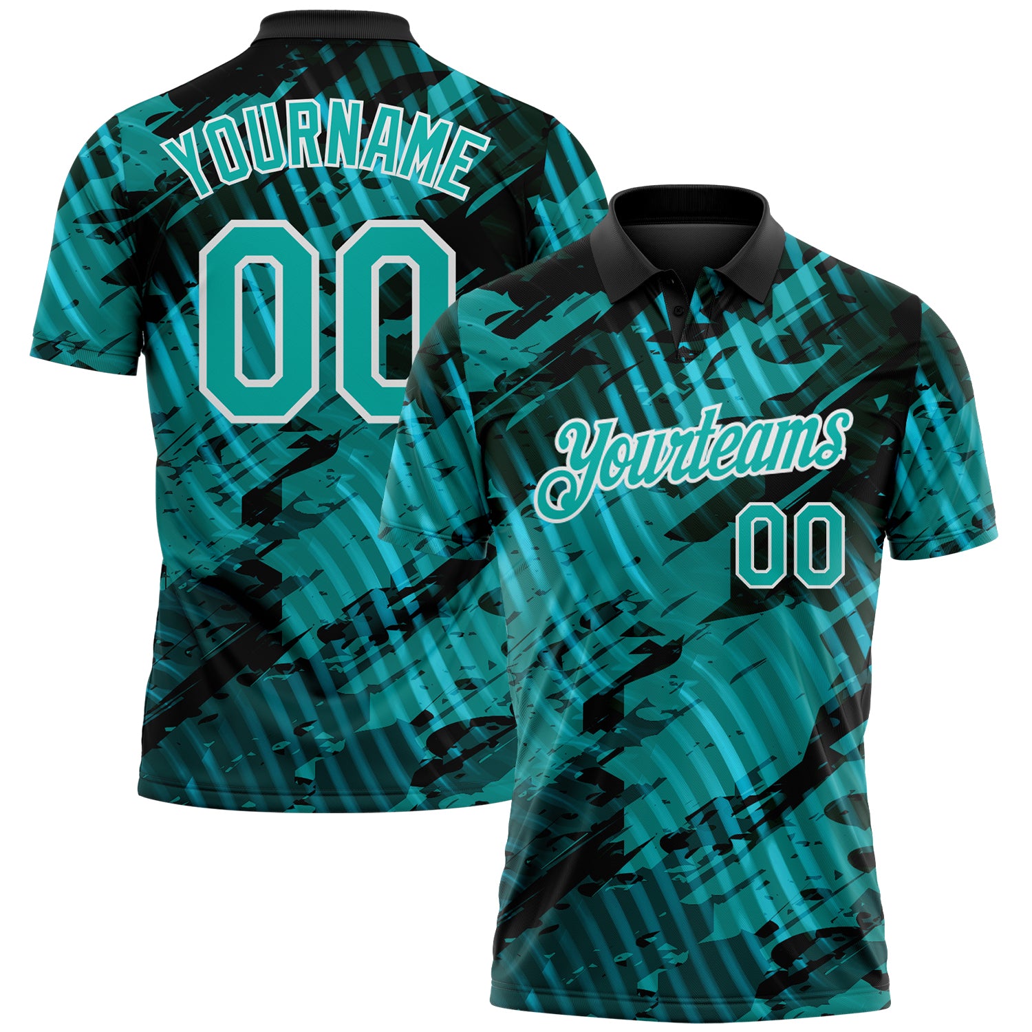 Custom Black Aqua-White Abstract Grunge Splatter Diagonal Stripe Performance Polo Shirt