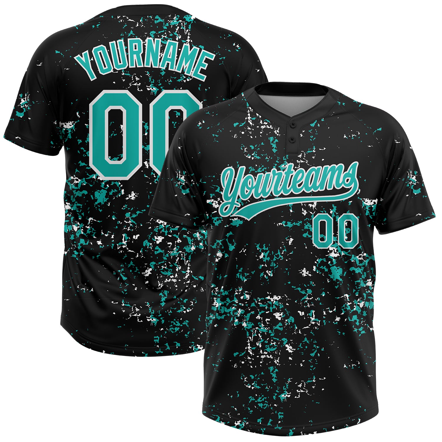 Custom Black Aqua-White Abstract Shattered Paint Splatter Two-Button Unisex Softball Jersey