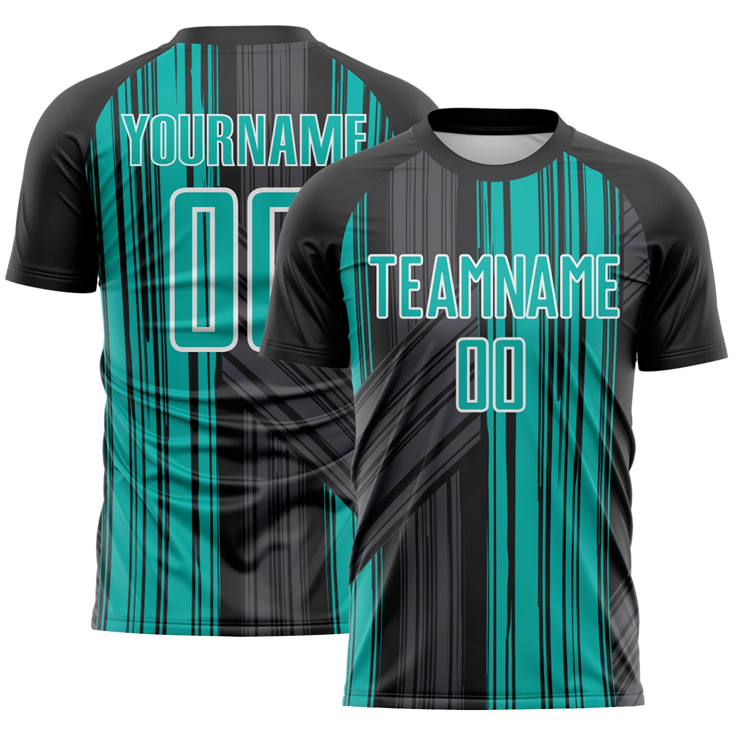 Custom Black Aqua-White Brush Stroke Fluid Stripes Sublimation Soccer Uniform Jersey
