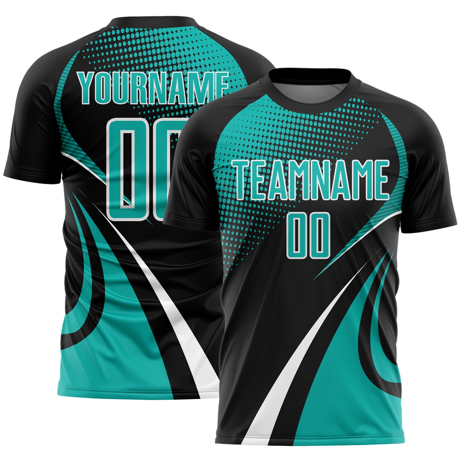 Custom Black Aqua-White Halftone Dot Dynamic Curve Stripe Sublimation Soccer Uniform Jersey