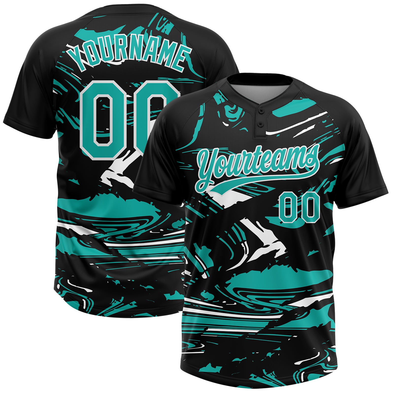 Custom Black Aqua-White Raglan Sleeves Abstract Fluid Marble Two-Button Unisex Softball Jersey