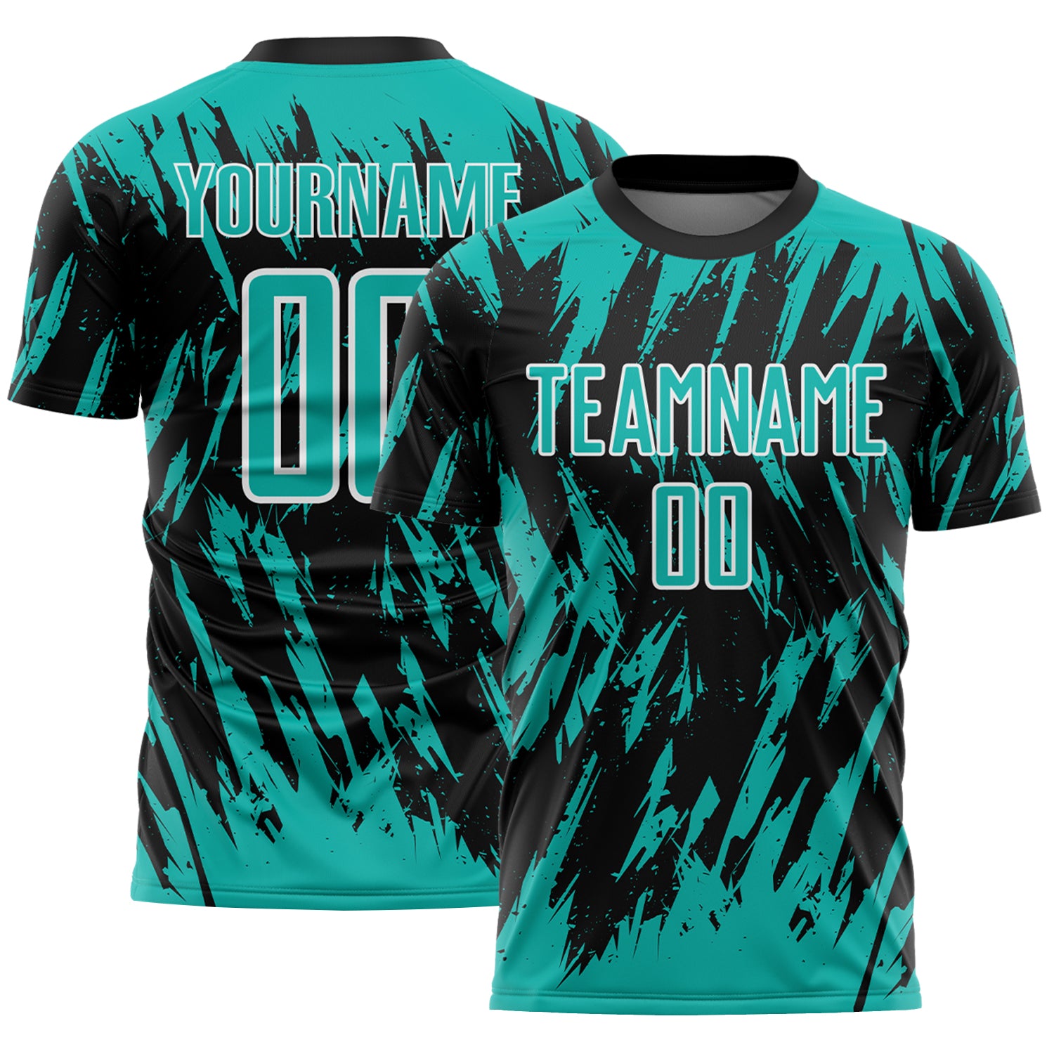 Custom Black Aqua-White Splatter Torn Sharp Brush Stroke Sublimation Soccer Uniform Jersey