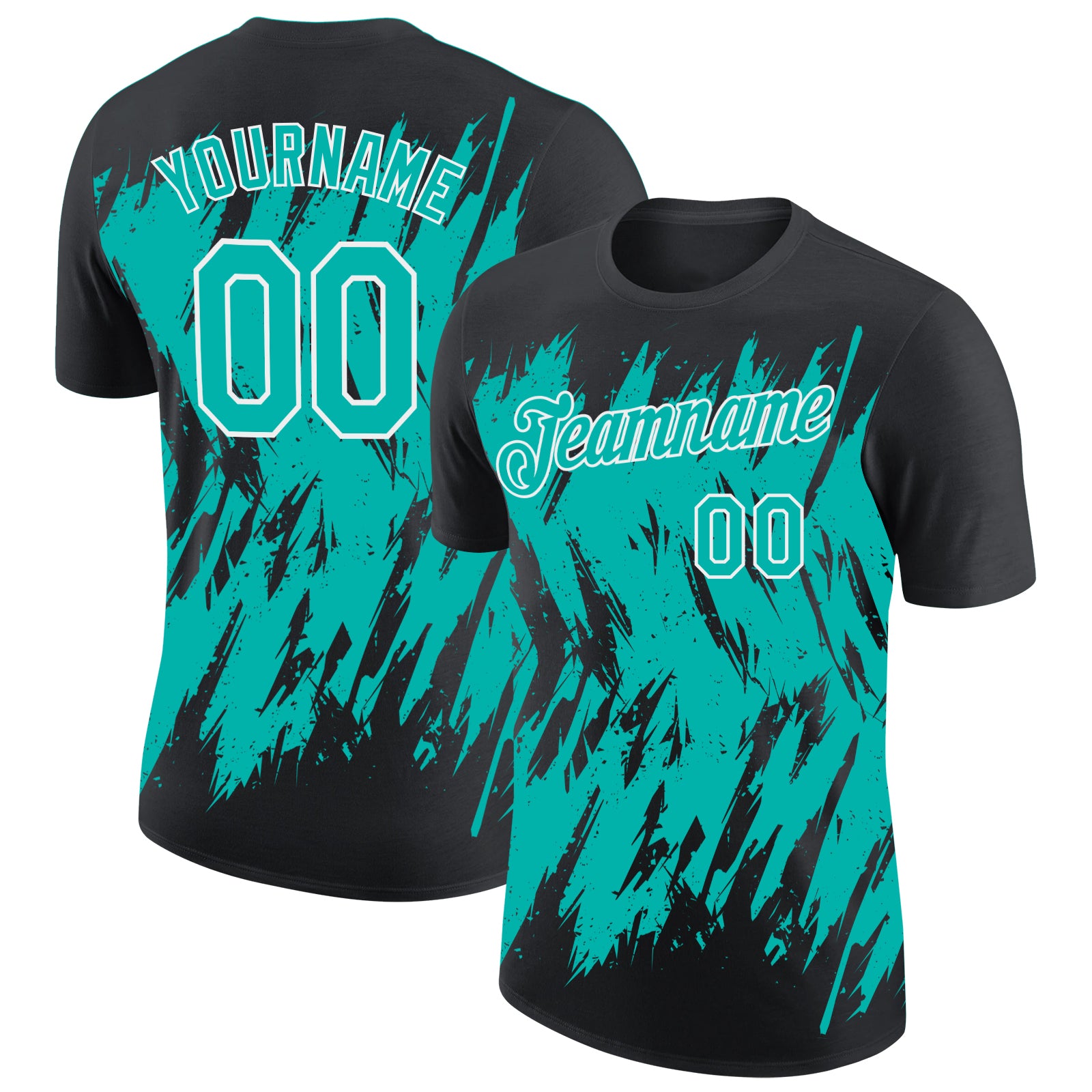 Custom Black Aqua-White Torn Sharp Brush Stroke Splatter Performance T-Shirt