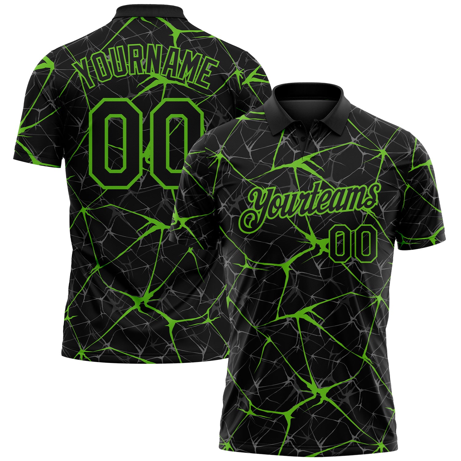 Custom Black-Aurora Green 3D Pattern Abstract Network Crackle Performance Polo Shirt