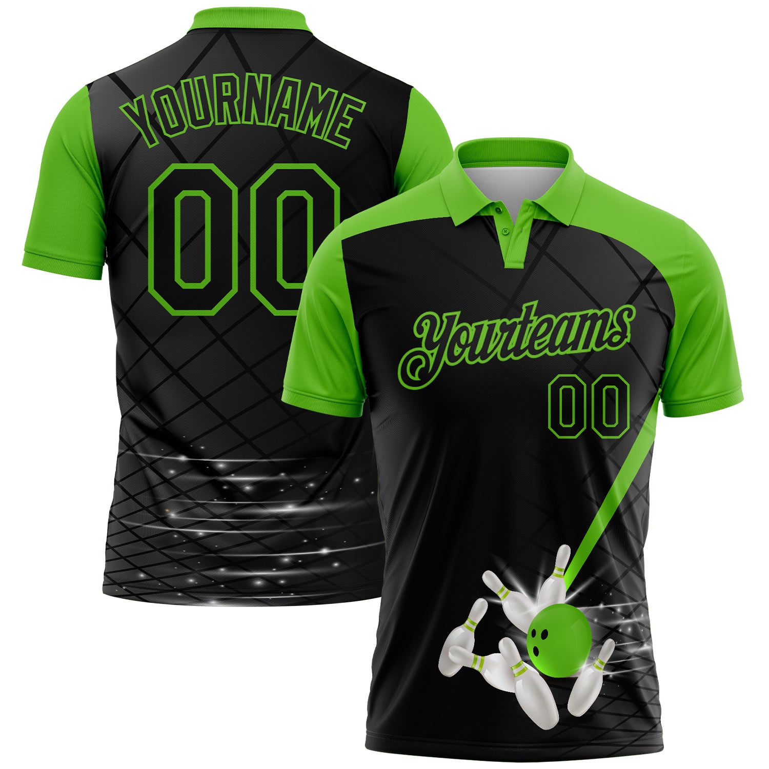 Custom Black-Aurora Green Bowling Geometric Grid Performance Polo Shirt