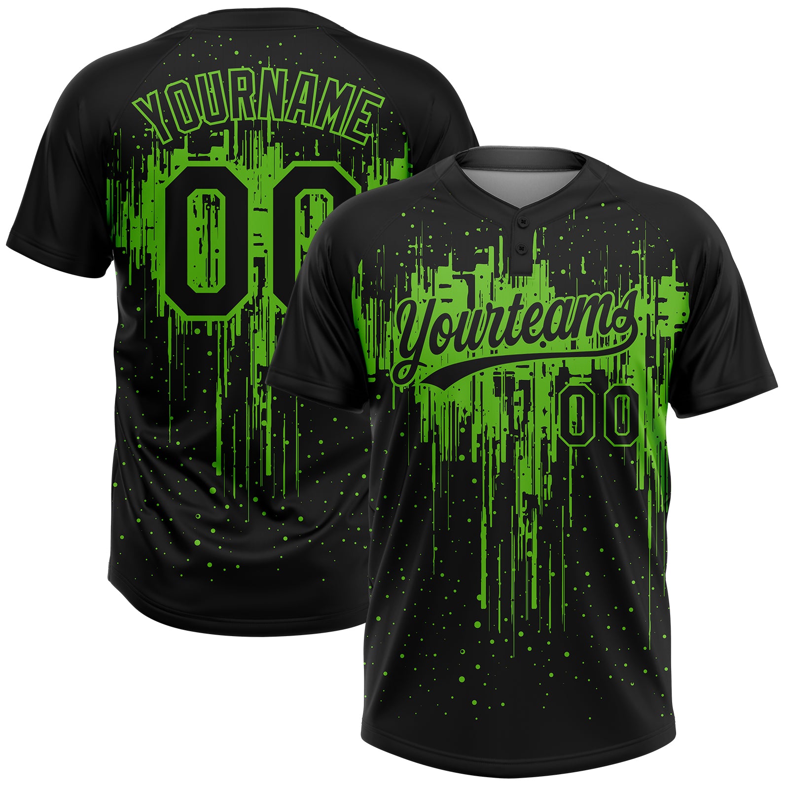 Custom Black Aurora Green Dripping Splatter Paint Two-Button Unisex Softball Jersey