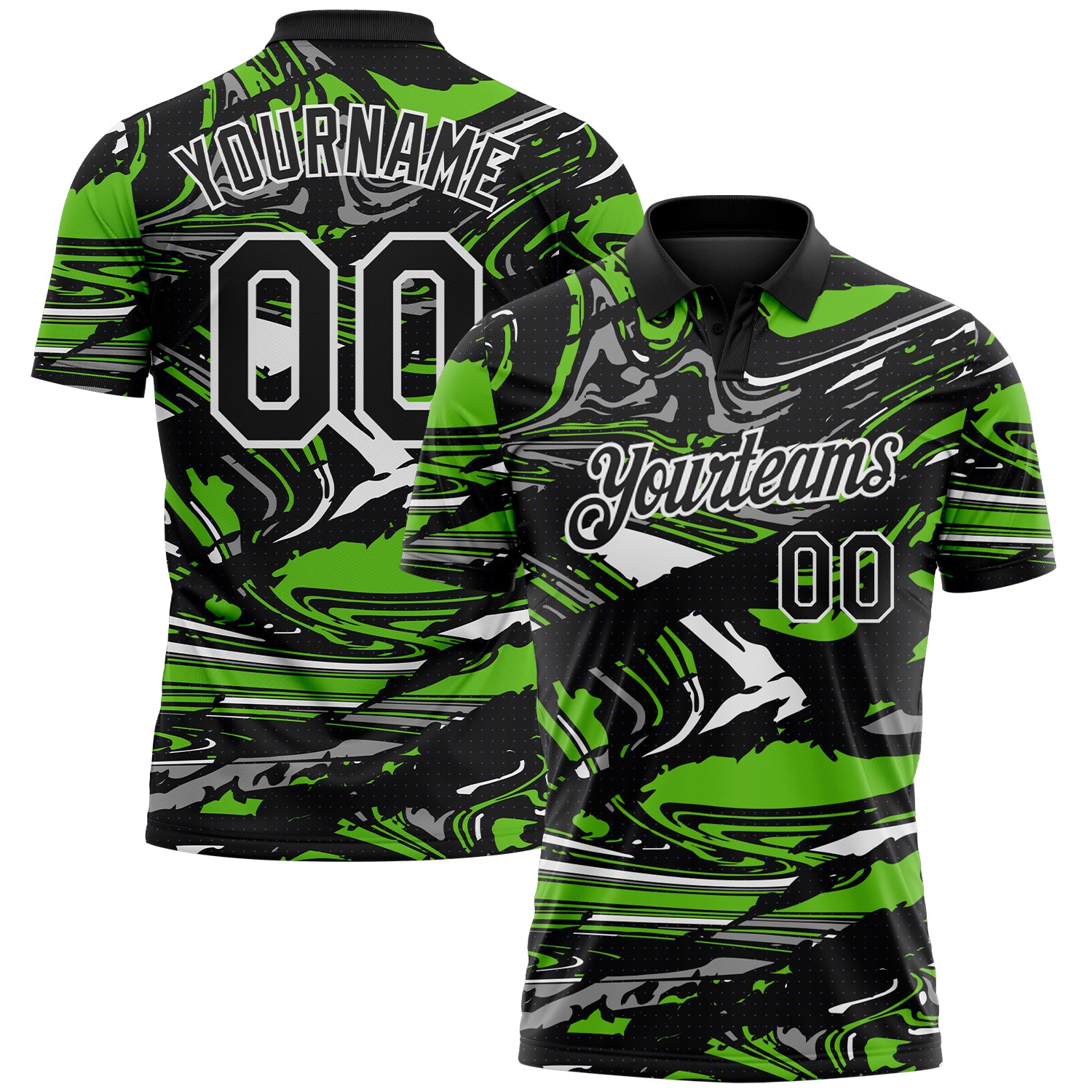 Custom Black Aurora Green Gray-White 3D Pattern Abstract Fluid Marble Performance Polo Shirt