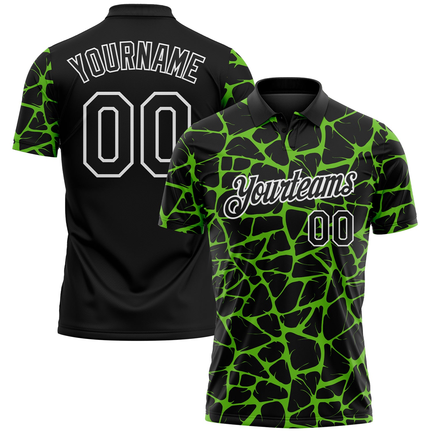 Custom Black Aurora Green-White 3D Pattern Abstract Network Crackle Performance Polo Shirt