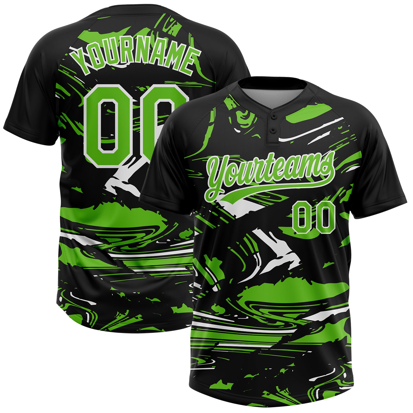 Custom Black Aurora Green-White Raglan Sleeves Abstract Fluid Marble Two-Button Unisex Softball Jersey