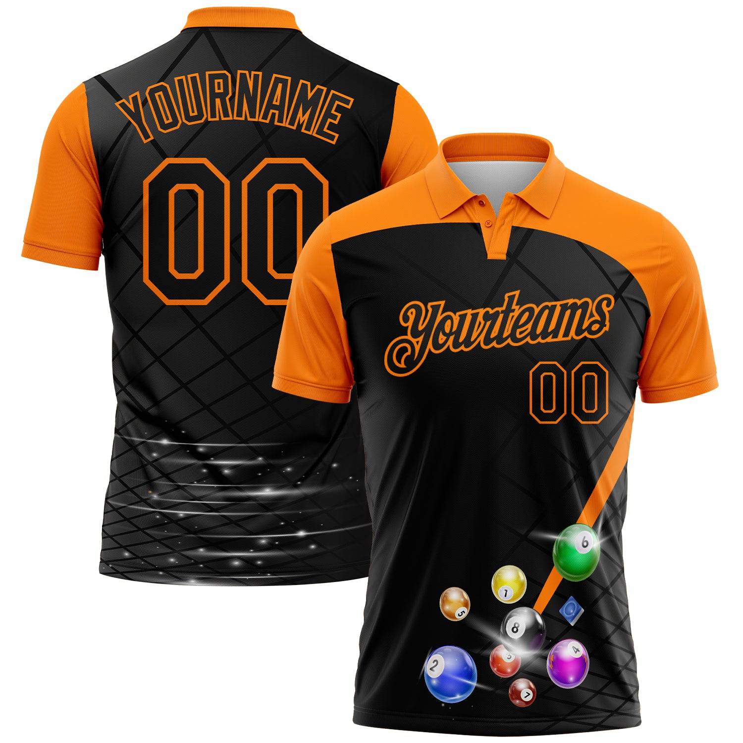 Custom Black-Bay Orange Billiard Balls Geometric Grid Performance Polo Shirt