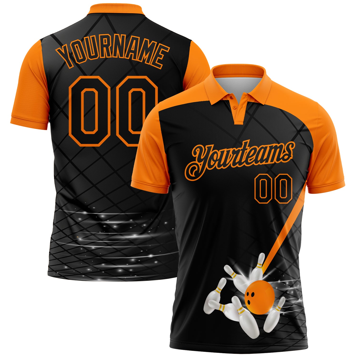 Custom Black-Bay Orange Bowling Geometric Grid Performance Polo Shirt