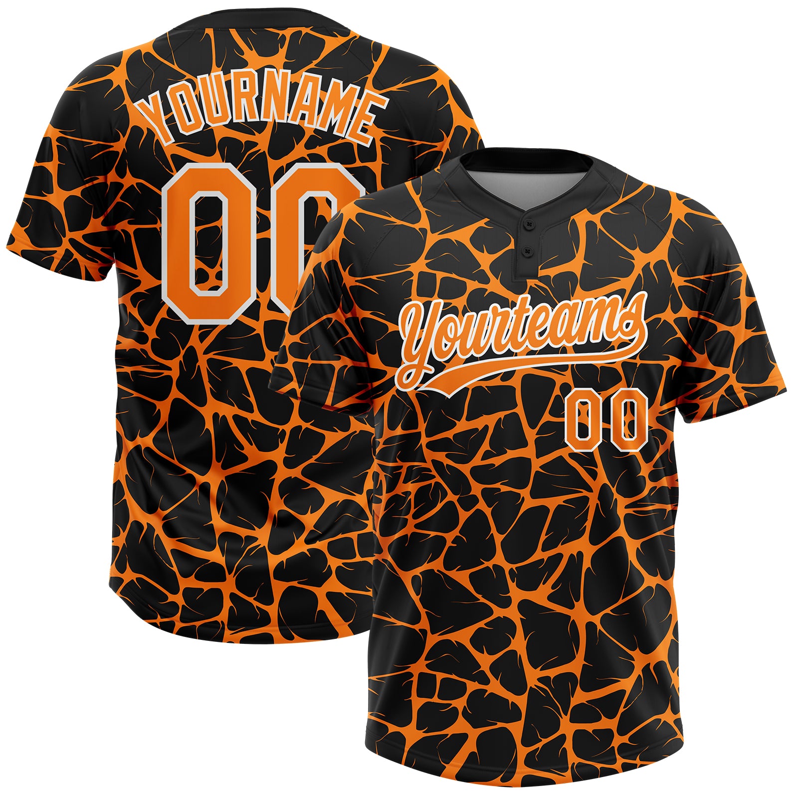 Custom Black Bay Orange-White 3D Pattern Design Abstract Network Crackle Two-Button Unisex Softball Jersey