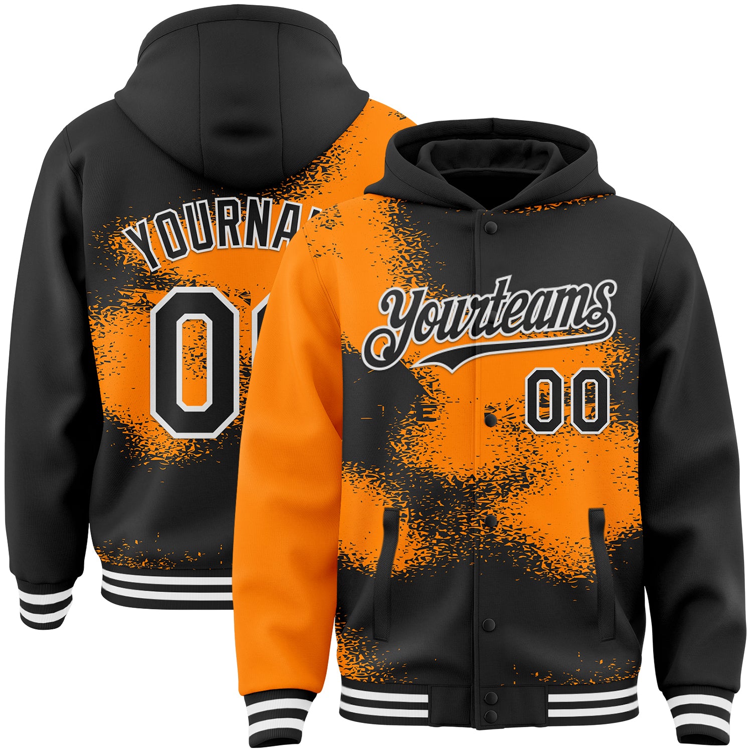 Custom Black Bay Orange-White Abstract Color Blocks Fragment 3D Pattern Design Bomber Full-Snap Varsity Letterman Hoodie Jacket
