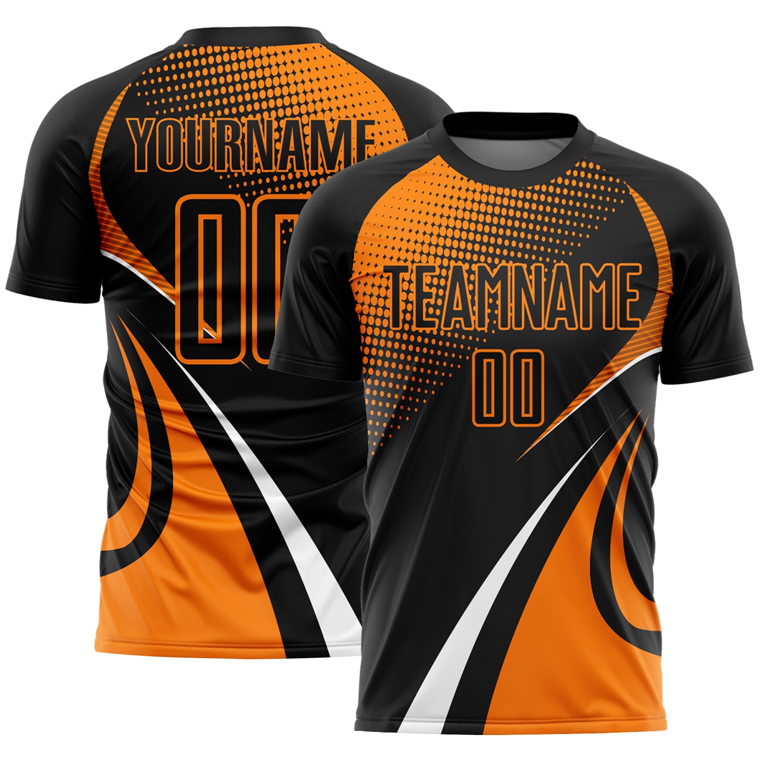Custom Black Bay Orange-White Halftone Dot Dynamic Curve Stripe Sublimation Soccer Uniform Jersey