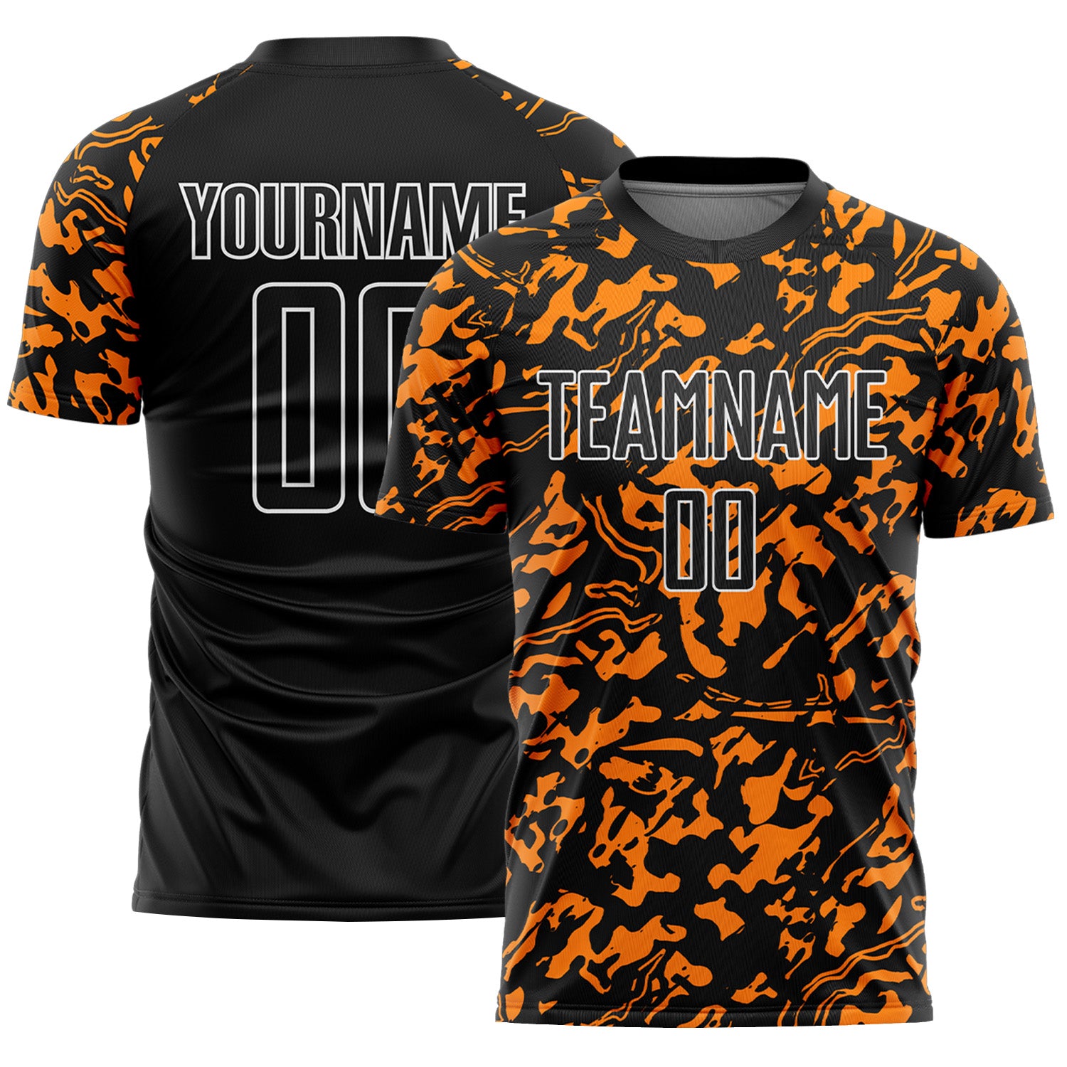 Custom Black Bay Orange-White Liquid Fluid Pattern Sports Sublimation Soccer Uniform Jersey