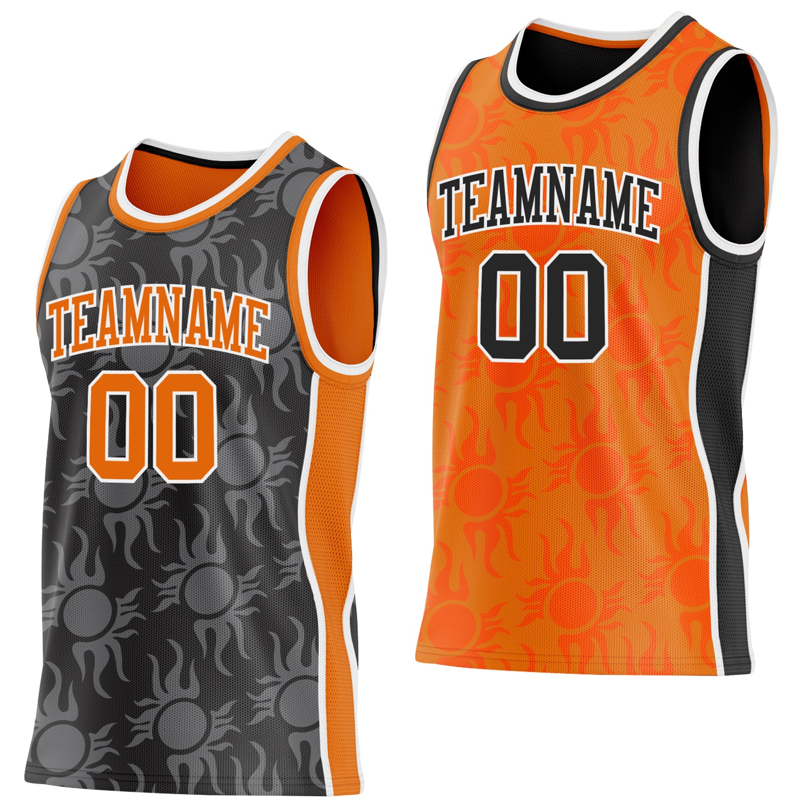 Custom Black Bay Orange-White Side Panel Stripe Sun Flame Reversible Double Side Sublimation Basketball Set Jersey