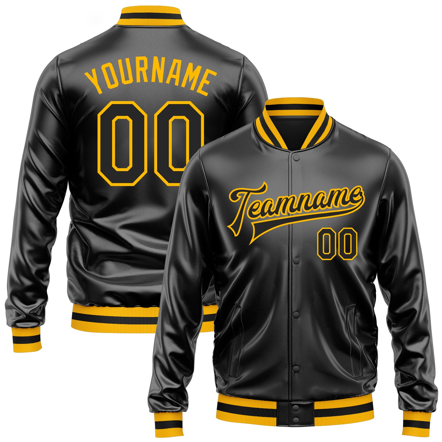 Custom Black Black-Gold Bomber Full-Snap Varsity Faux Leather Letterman Jacket