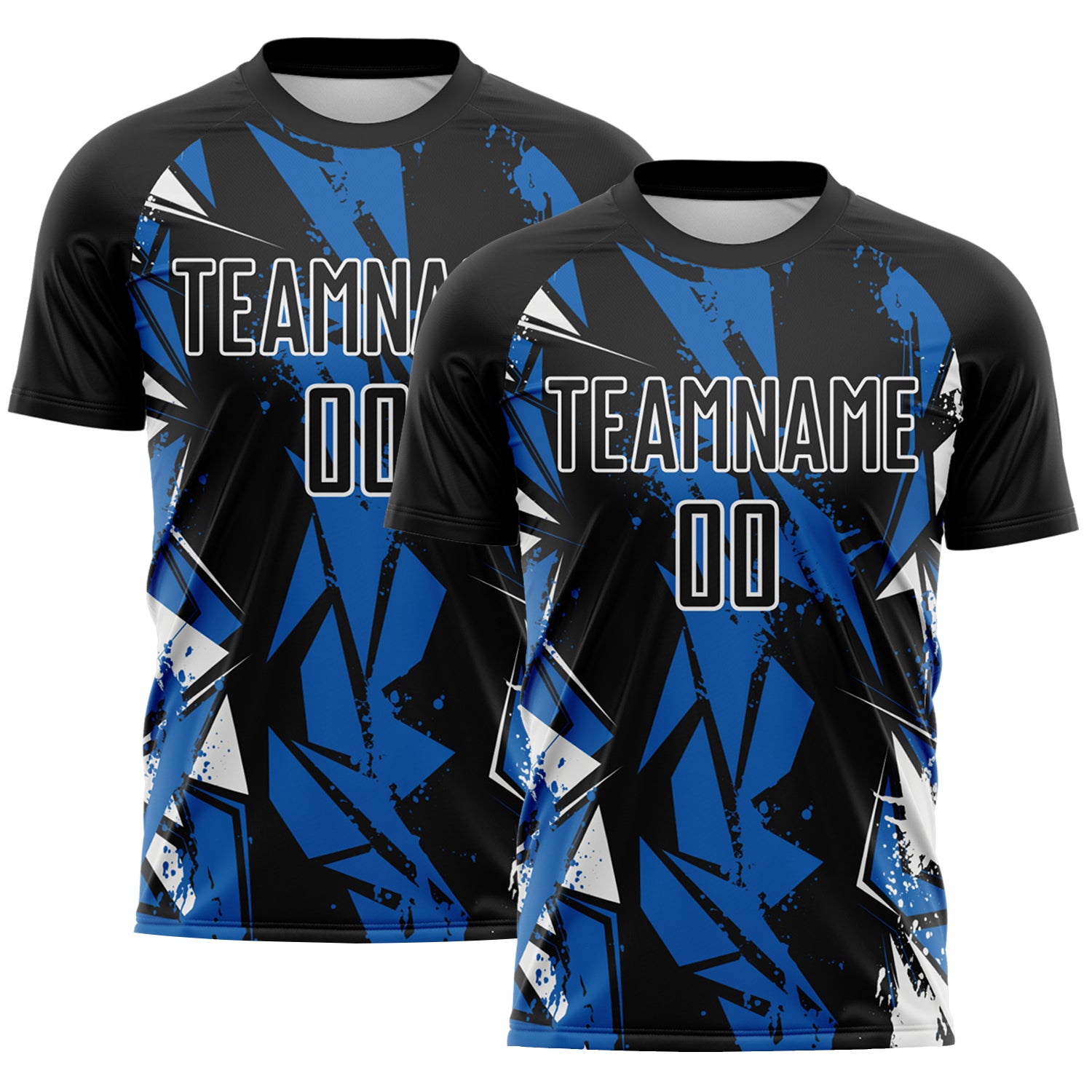Custom Black Blue-White Geometric Shard Grunge Splash Sublimation Soccer Uniform Jersey