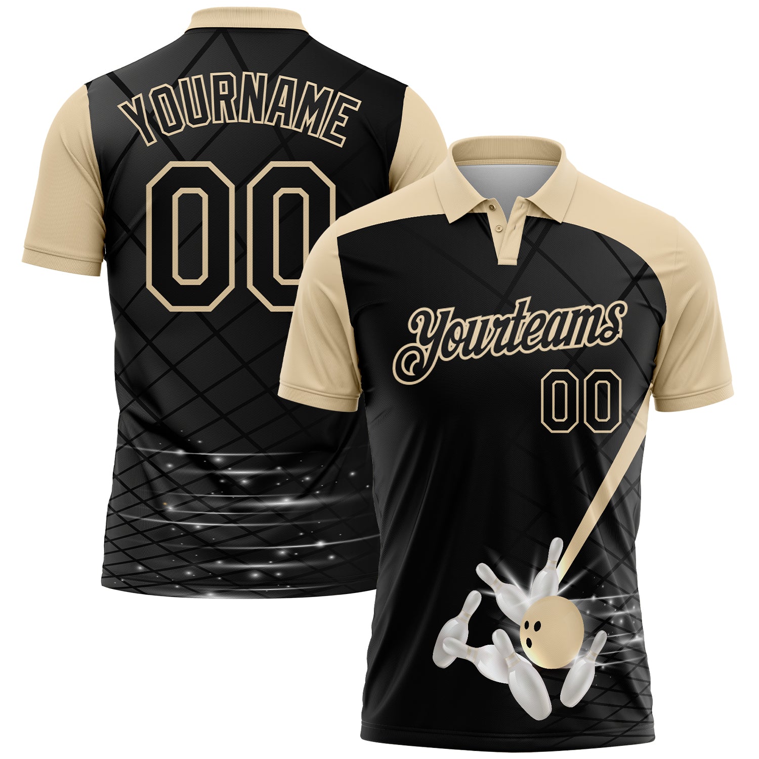 Custom Black-City Cream Bowling Geometric Grid Performance Polo Shirt