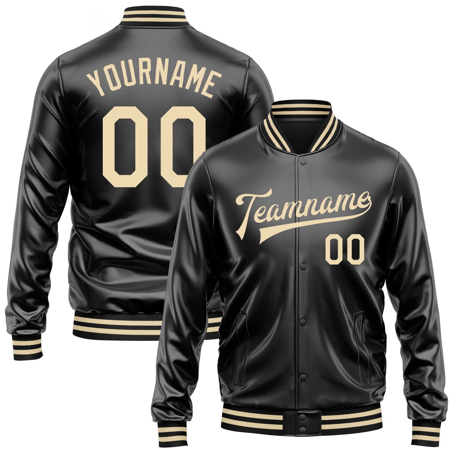 Custom Black Cream Bomber Full-Snap Varsity Faux Leather Letterman Jacket