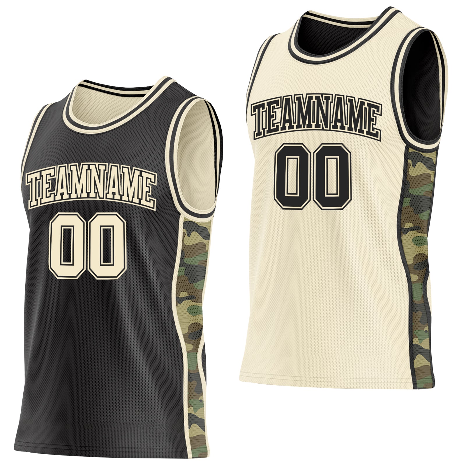 Custom Black-Cream Camo Side Panel Stripe Reversible Double Side Sublimation Basketball Set Jersey