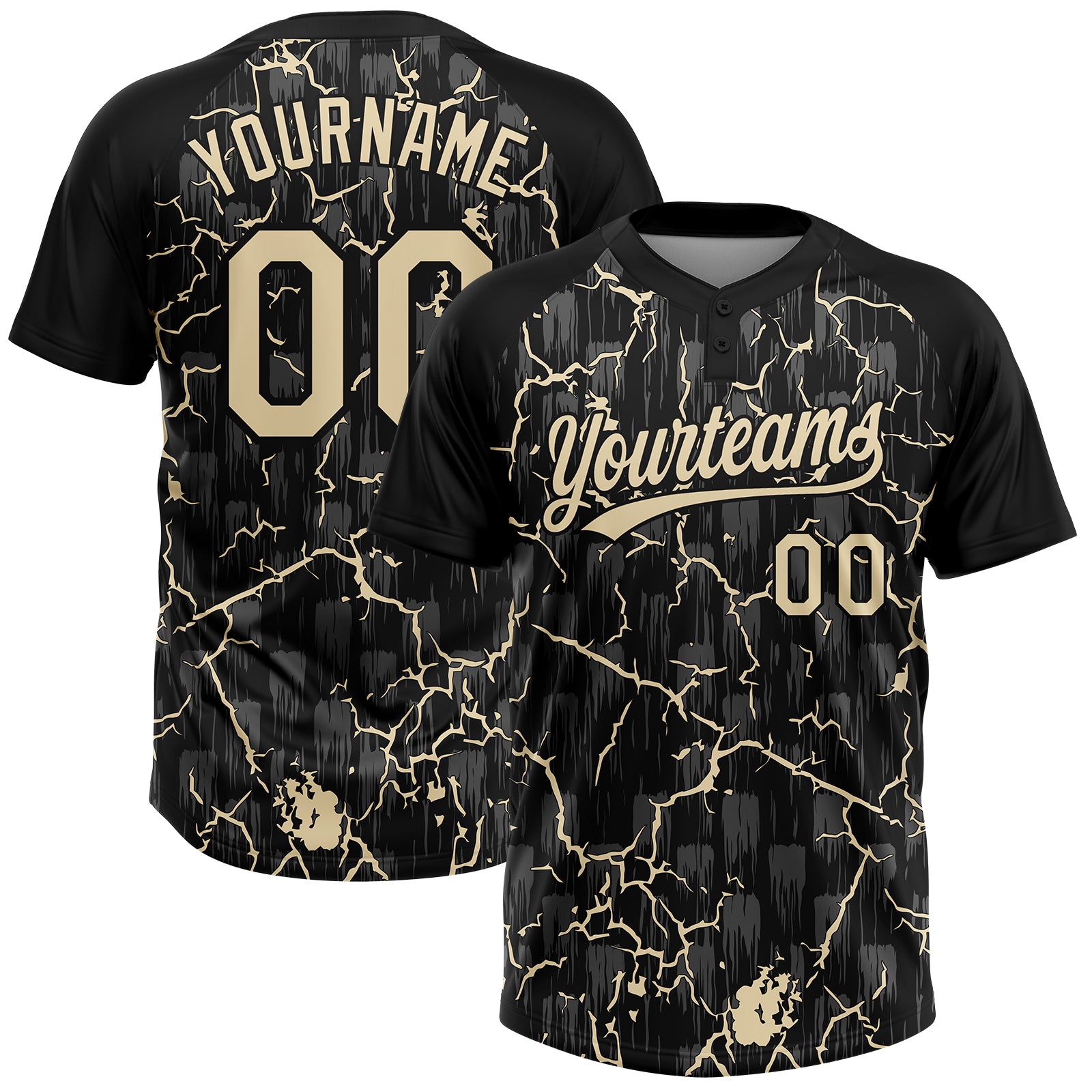 Custom Black Cream Cream-Gray Raglan Sleeves Neon Lightning Crackle Two-Button Unisex Softball Jersey