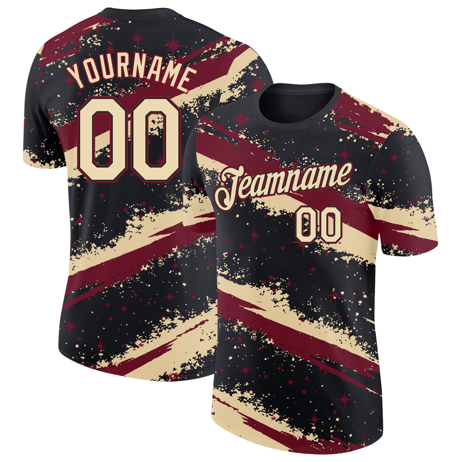 Custom Black Cream-Crimson Brush Stroke Splatter Starburst Performance T-Shirt