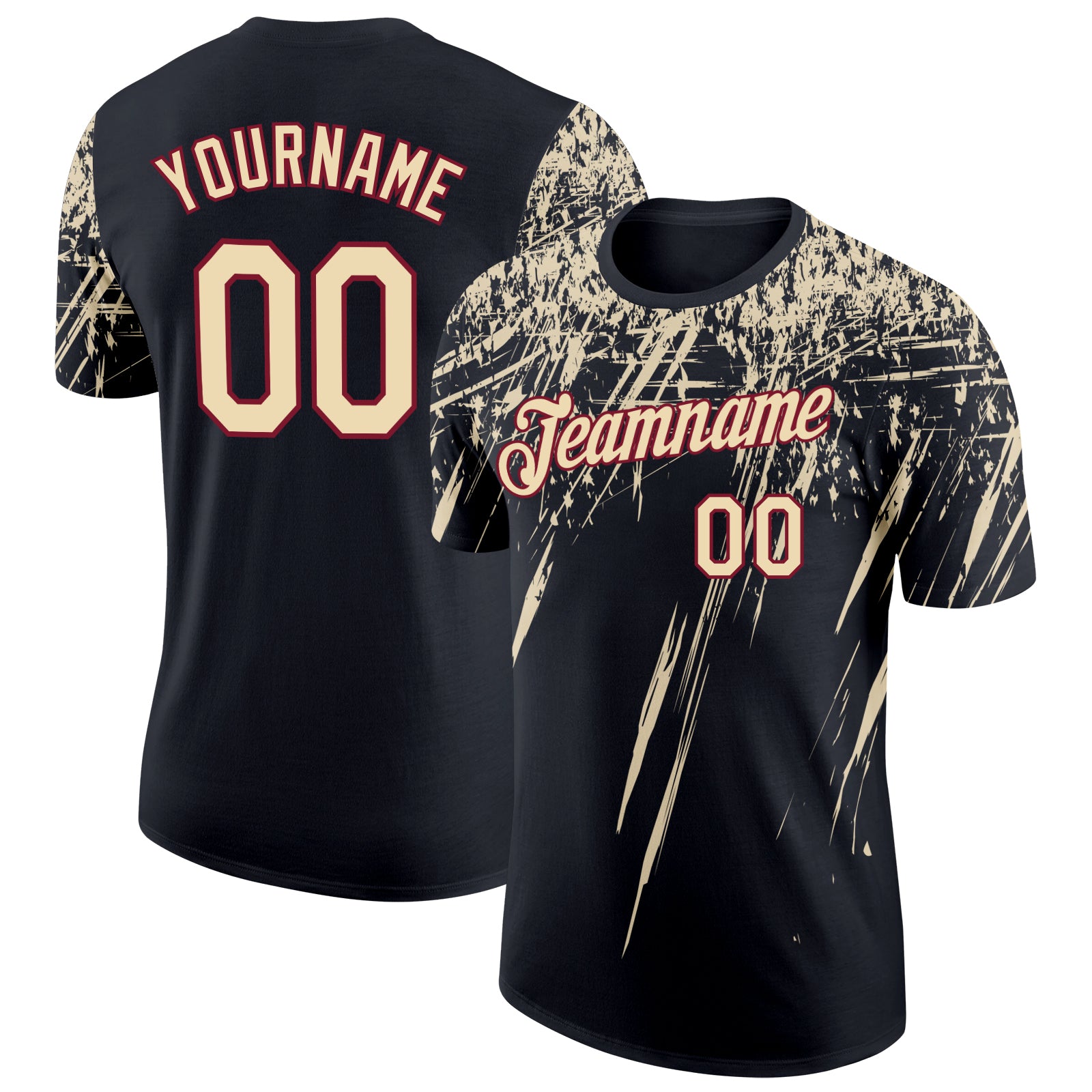 Custom Black Cream-Crimson Distressed Scratch Brush Stroke Performance T-Shirt