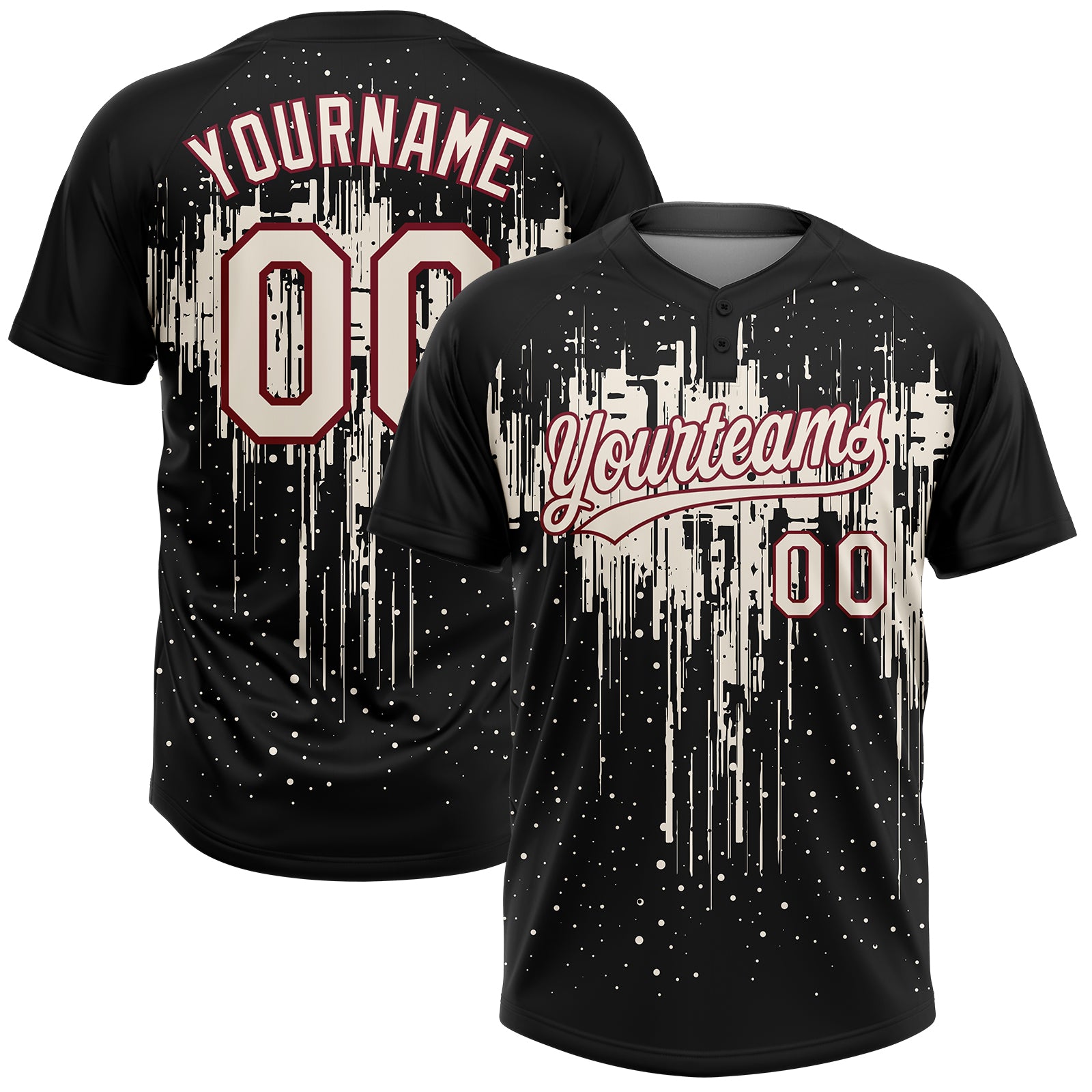 Custom Black Cream-Crimson Dripping Splatter Paint Two-Button Unisex Softball Jersey