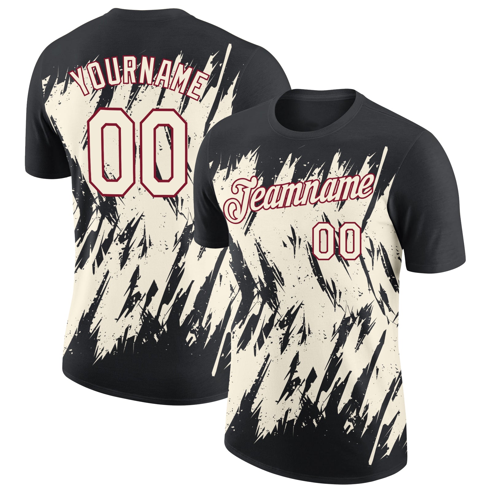 Custom Black Cream-Crimson Torn Sharp Brush Stroke Splatter Performance T-Shirt