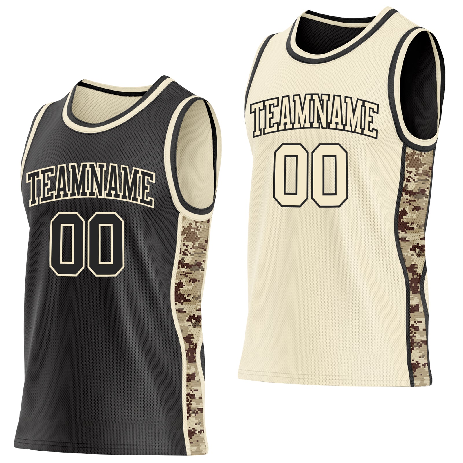 Custom Black-Cream Digital Camo Side Panel Stripe Reversible Double Side Sublimation Basketball Set Jersey