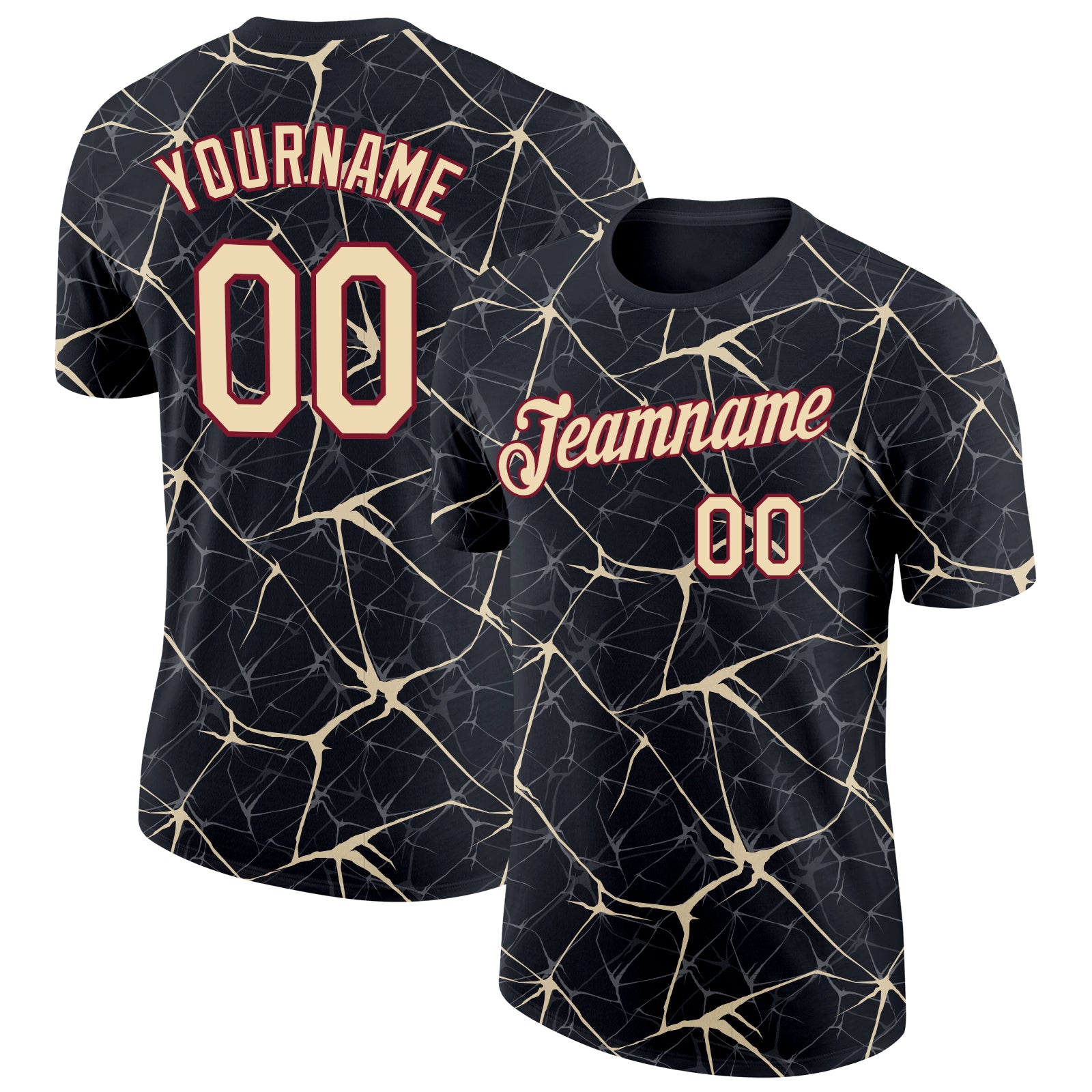 Custom Black Cream Gray-Crimson Abstract Network Crackle Performance T-Shirt
