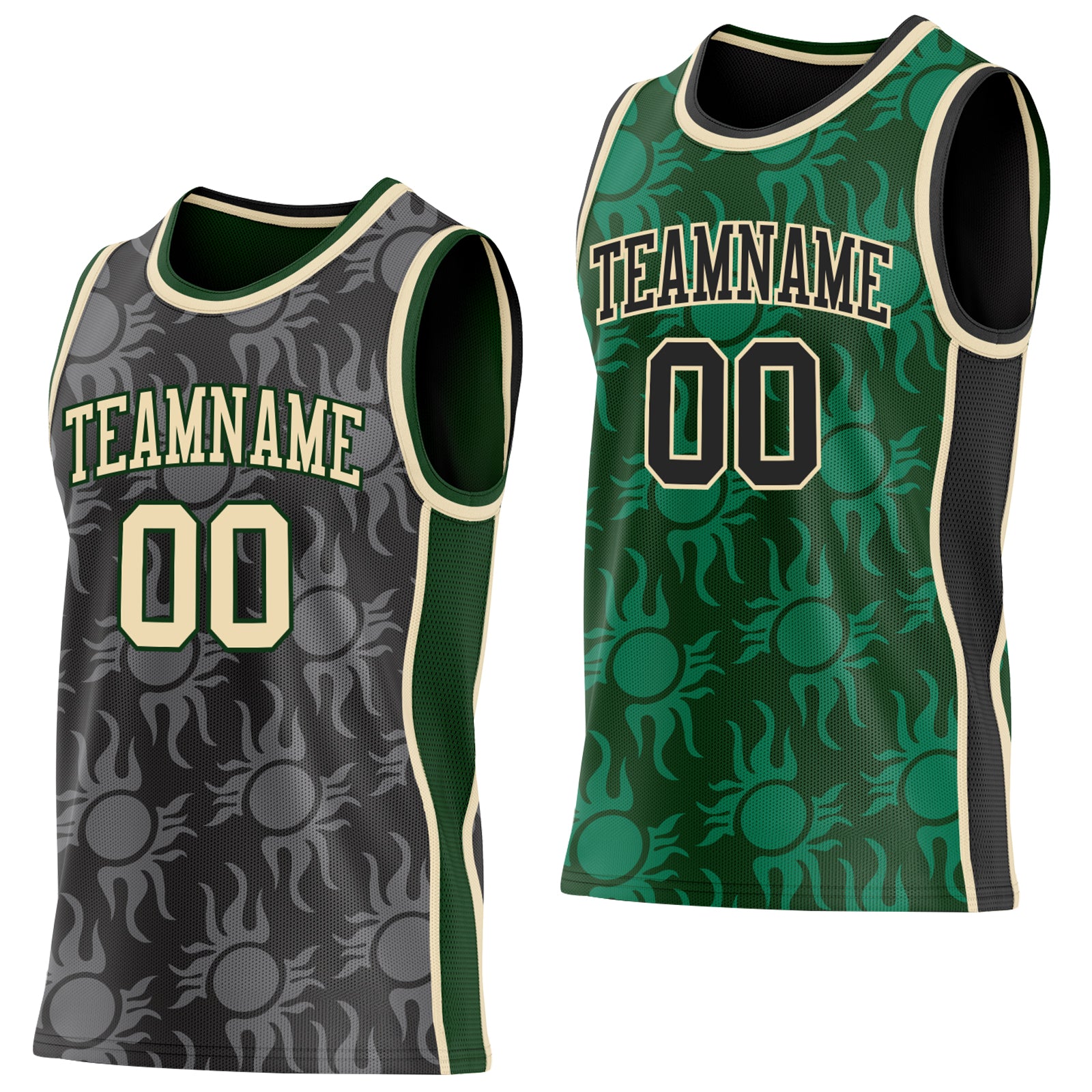 Custom Black Cream-Green Side Panel Stripe Sun Flame Reversible Double Side Sublimation Basketball Set Jersey