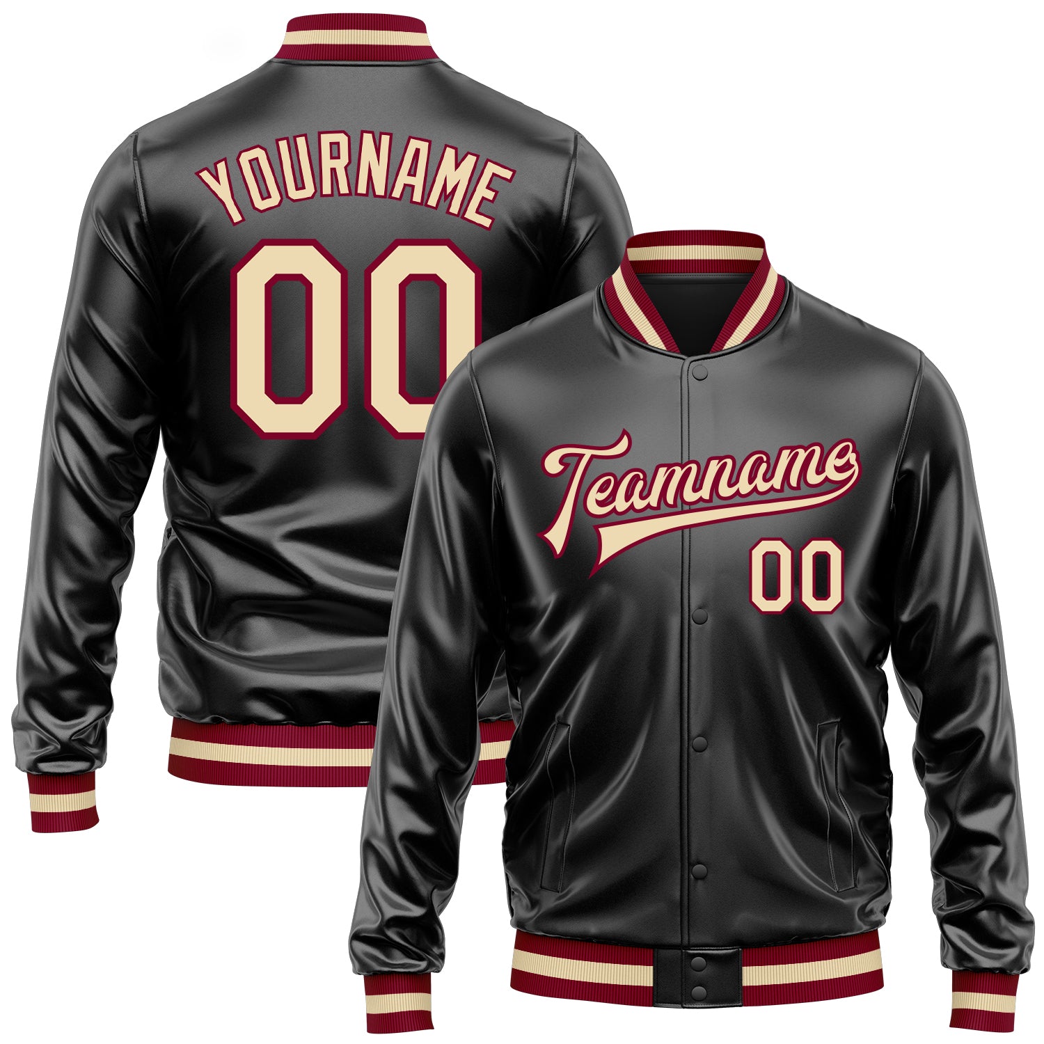 Custom Black Cream-Maroon Bomber Full-Snap Varsity Faux Leather Letterman Jacket