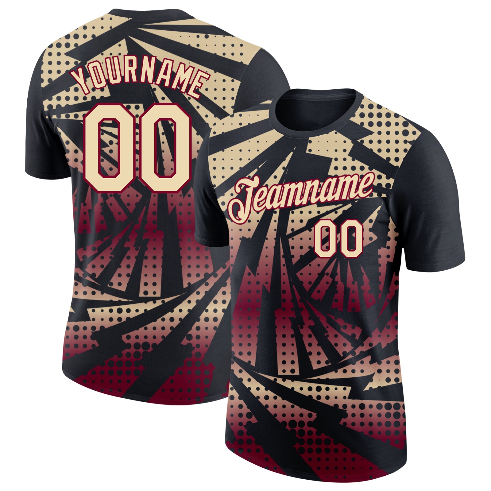 Custom Black Cream-Maroon Lightning Gradient Dot Performance T-Shirt