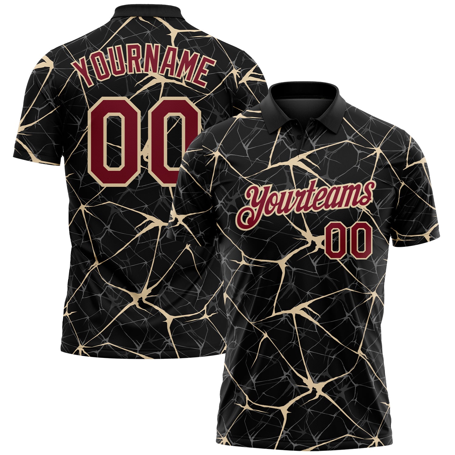 Custom Black Crimson-City Cream 3D Pattern Abstract Network Crackle Performance Polo Shirt