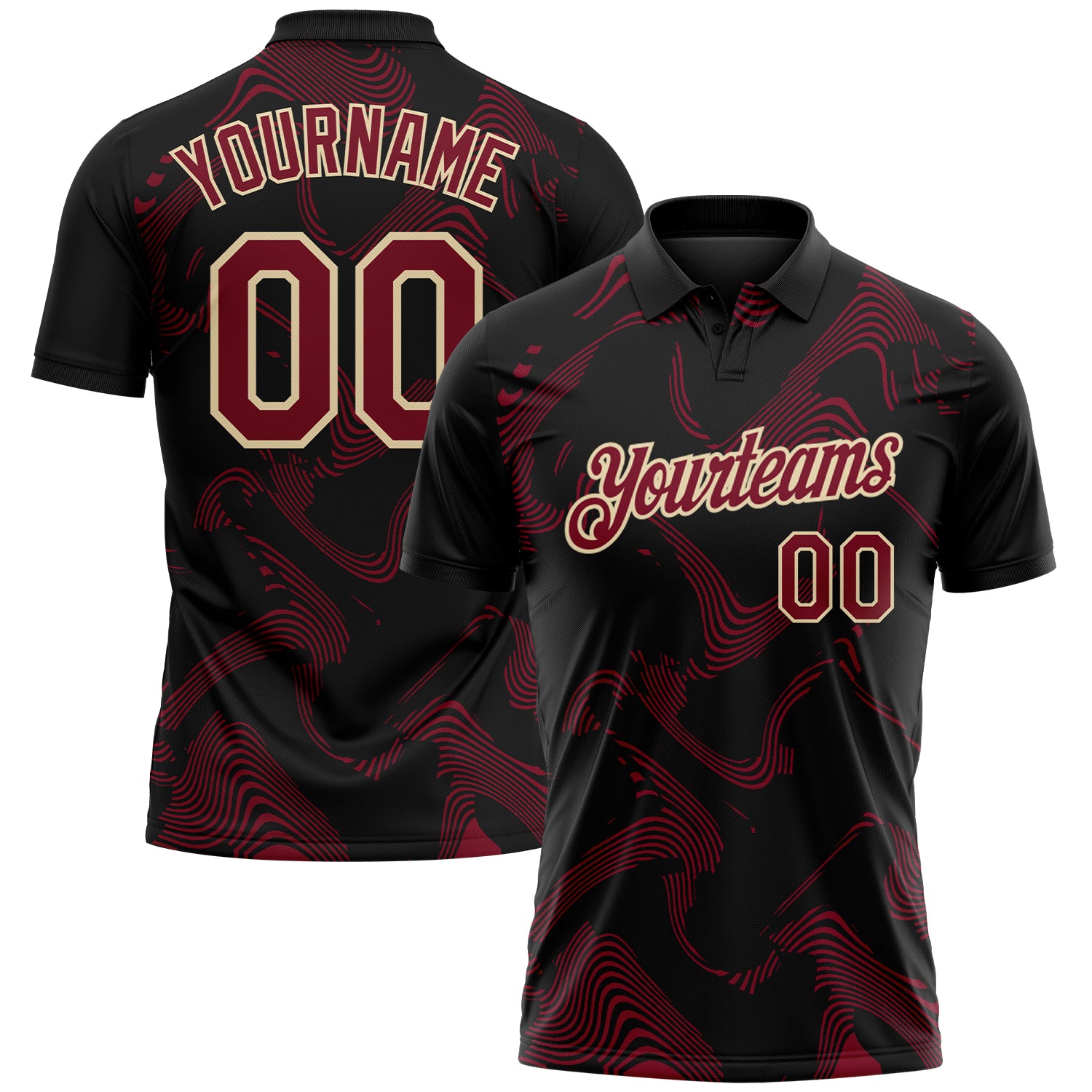 Custom Black Crimson-Cream 3D Pattern Abstract Fluid Swirl Line Performance Polo Shirt