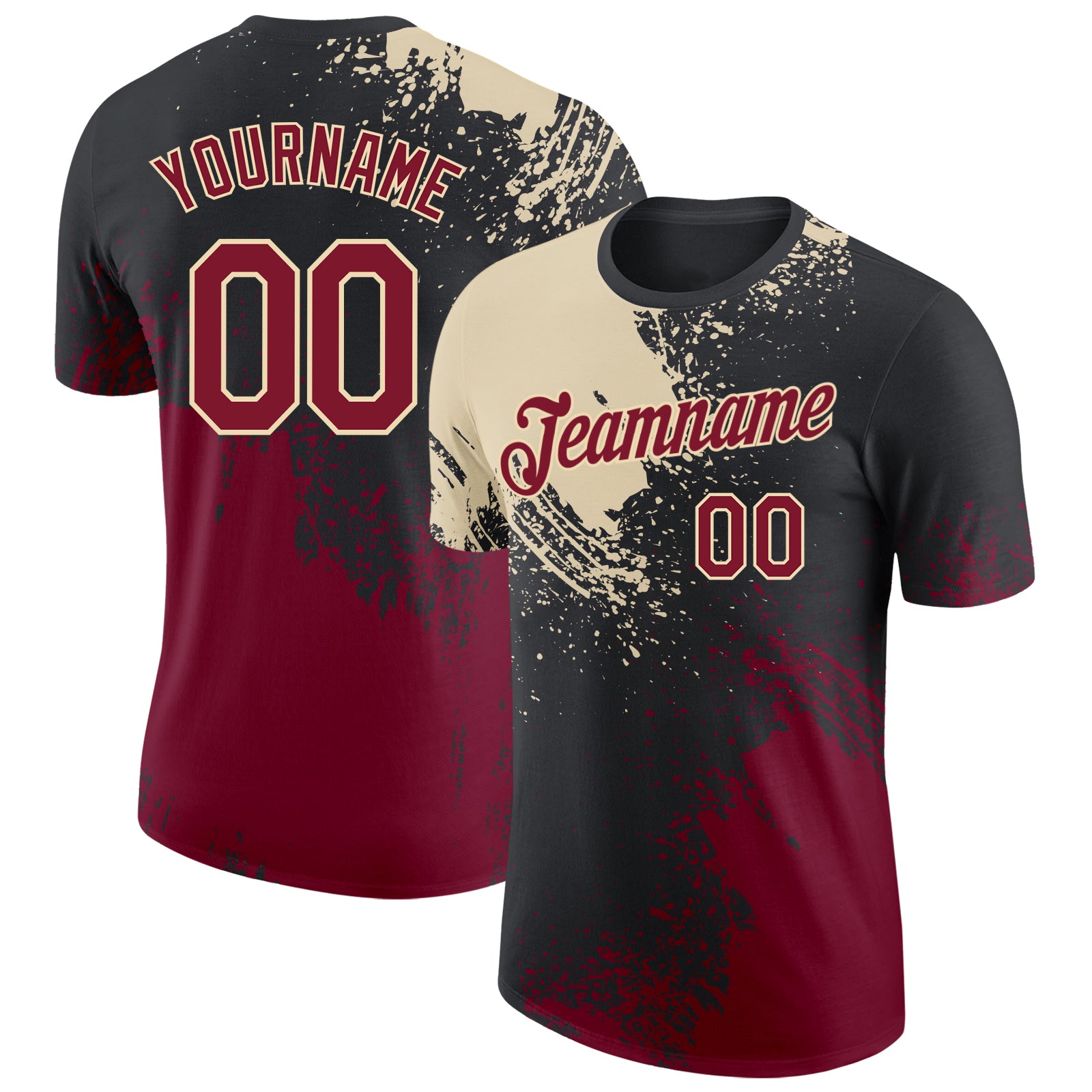 Custom Black Crimson-Cream Abstract Brush Stroke Performance T-Shirt