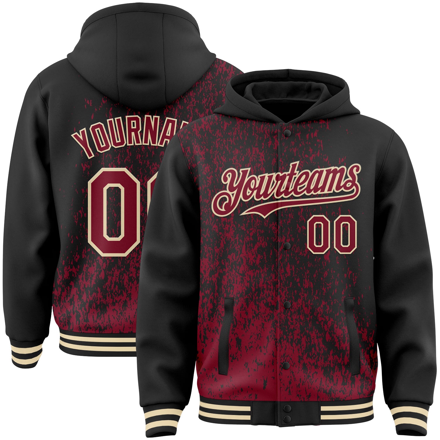 Custom Black Crimson-Cream Abstract Fragment Art 3D Pattern Design Bomber Full-Snap Varsity Letterman Hoodie Jacket