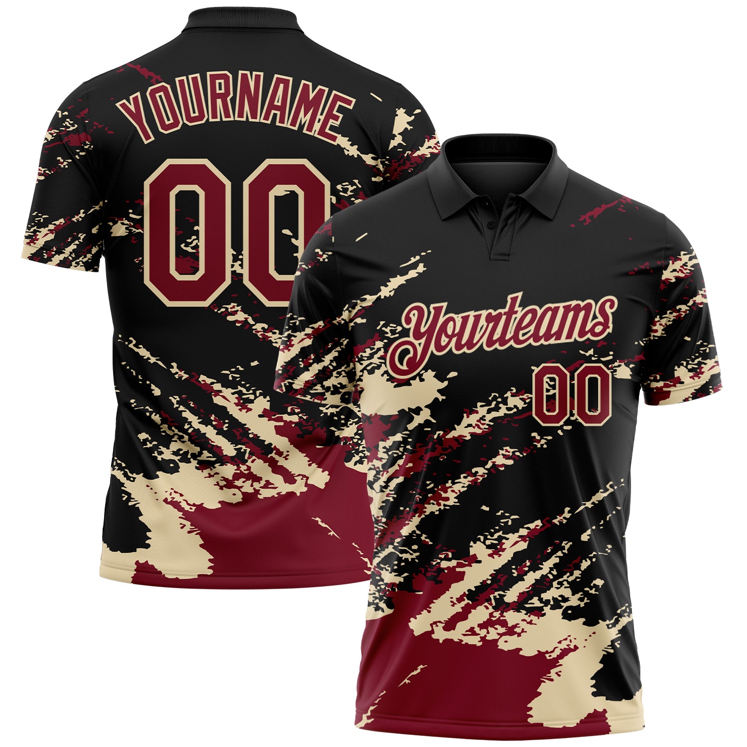Custom Black Crimson-Cream Brush Stroke Shatter Splatter Performance Polo Shirt