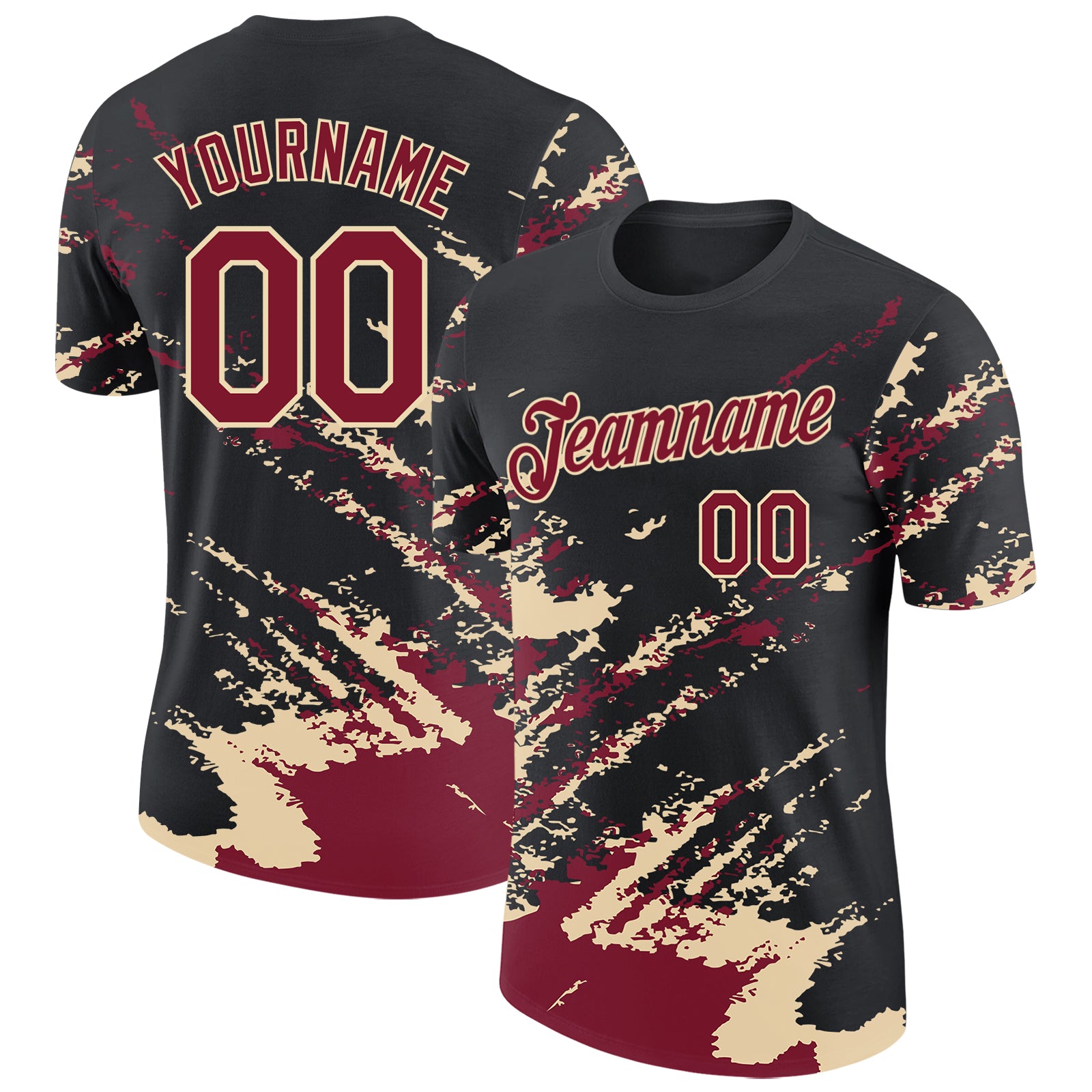Custom Black Crimson-Cream Brush Stroke Shatter Splatter Performance T-Shirt