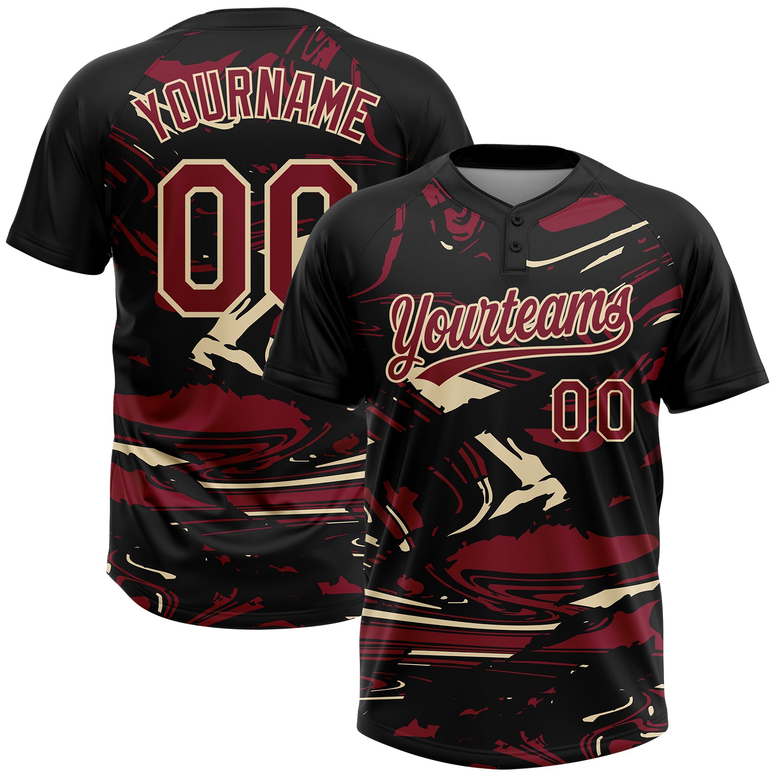 Custom Black Crimson Cream-Cream Raglan Sleeves Abstract Fluid Marble Two-Button Unisex Softball Jersey
