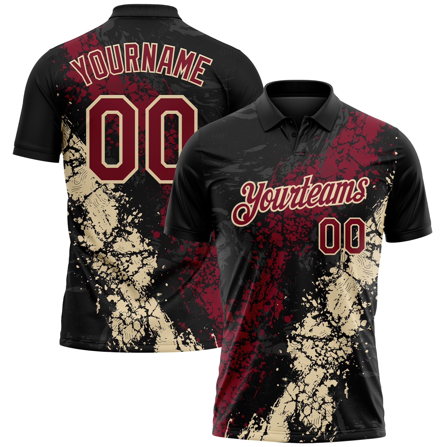 Custom Black Crimson-Cream Dripping Splatter Cracked Texture Performance Polo Shirt
