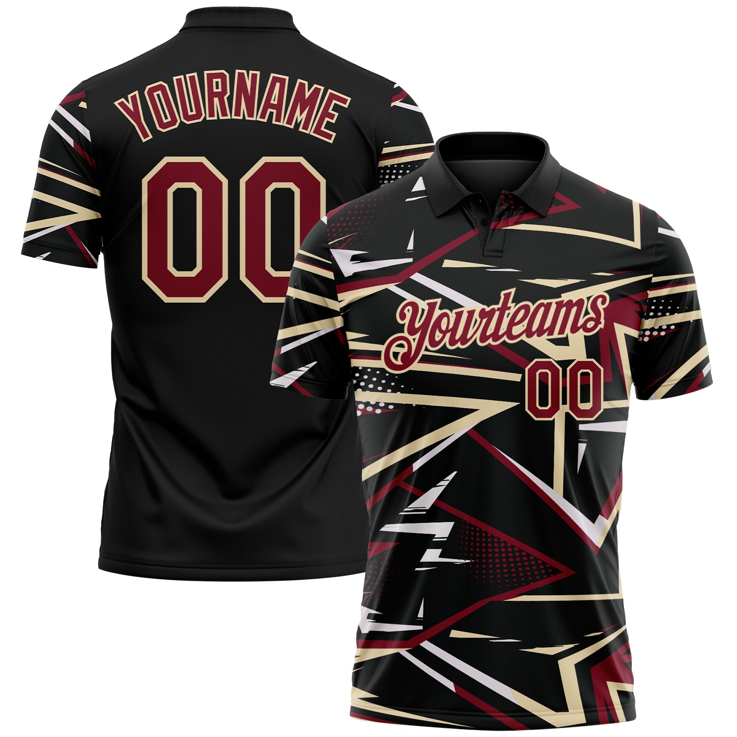 Custom Black Crimson-Cream Dynamic Geometric Shard Performance Polo Shirt