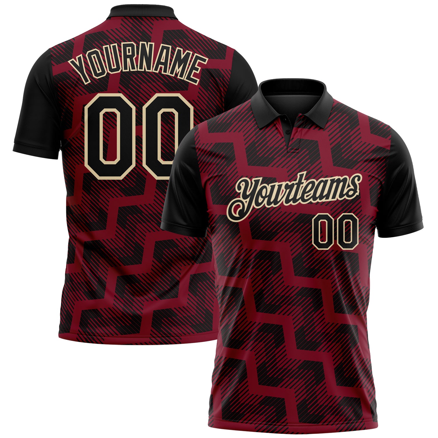 Custom Black Crimson-Cream Geometric Block Diagonal Line Hatching Performance Polo Shirt