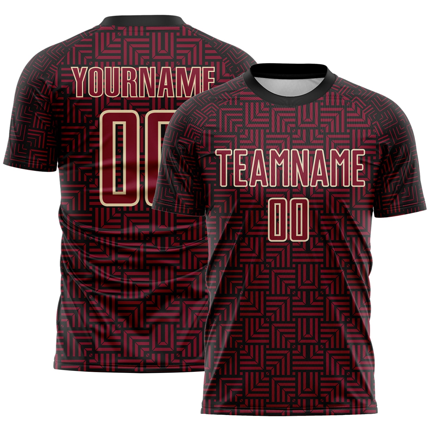 Custom Black Crimson-Cream Geometric Maze Interlocking Square Sports Sublimation Soccer Uniform Jersey
