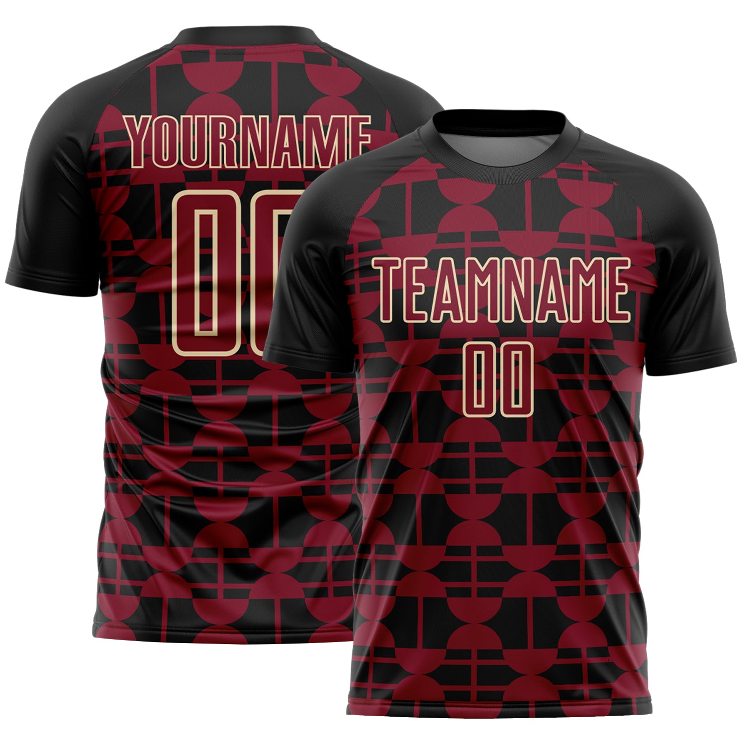 Custom Black Crimson-Cream Geometric Shapes Sports Sublimation Soccer Uniform Jersey