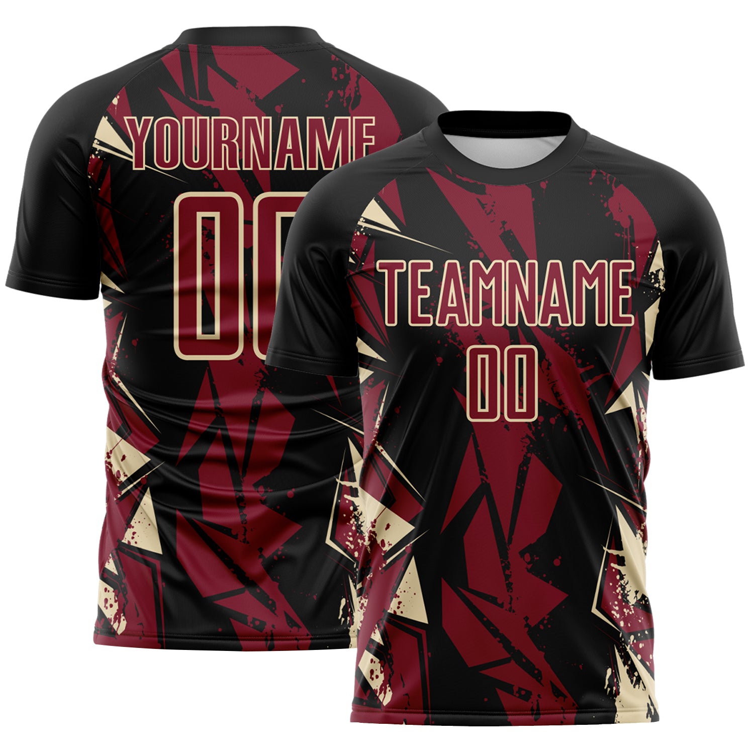 Custom Black Crimson-Cream Geometric Shard Grunge Splash Sublimation Soccer Uniform Jersey
